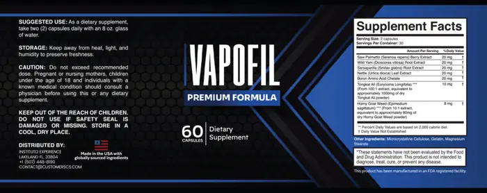 VapoFil supplement facts label complete ingredient list dosages per serving